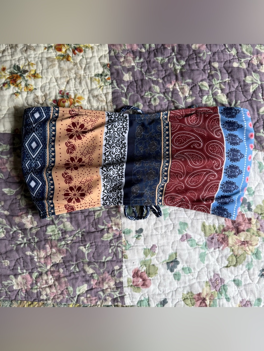 Patchwork Bandana Print Bikini Top in Navy, Red & Peach